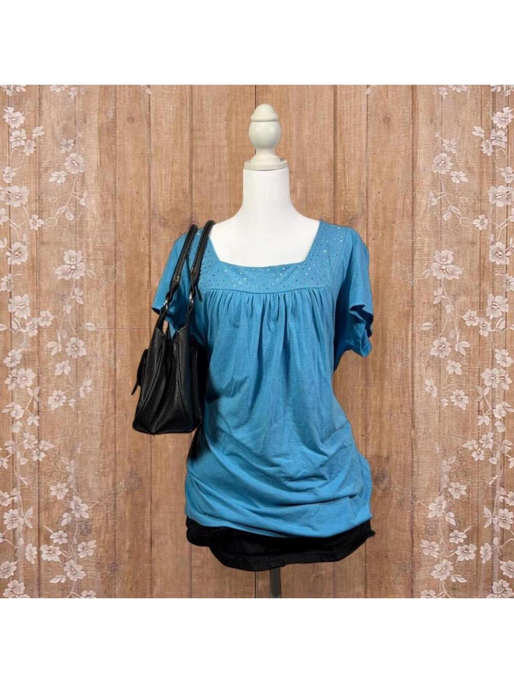 Candy Rain Plus Blue Rhinestone Embellished Short Sleeve Top 2X